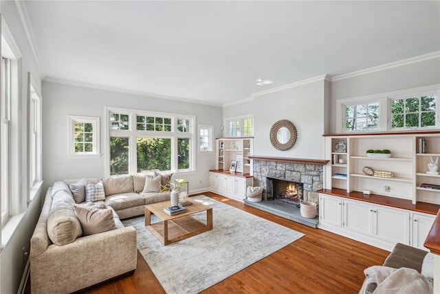 32 Pryer Ln, Larchmont, NY 10538 - living area featuring baseboards, ornamental molding, wood finished floors, and a fireplace