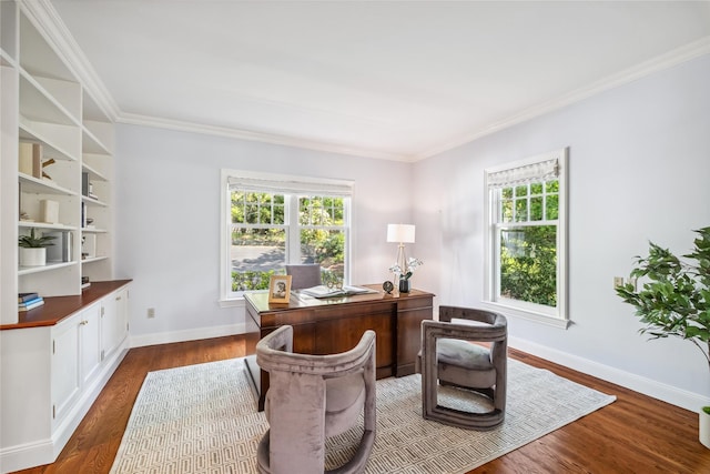 32 Pryer Ln, Larchmont, NY 10538 - office area with crown molding, baseboards, and dark wood-type flooring