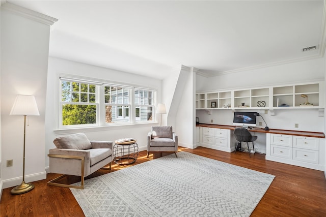 32 Pryer Ln, Larchmont, NY 10538 - office with baseboards, visible vents, dark wood-style floors, and built in study area