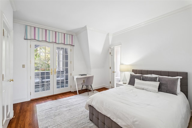 32 Pryer Ln, Larchmont, NY 10538 - bedroom with crown molding, access to outside, french doors, baseboards, and wood finished floors
