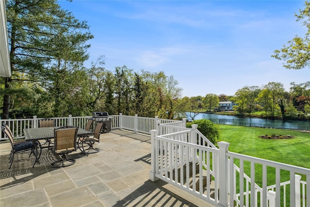 32 Pryer Ln, Larchmont, NY 10538 - view of patio / terrace with outdoor dining space, a water view, and grilling area