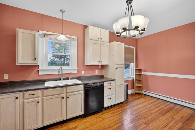 155 Tuckers Corners Rd, Plattekill, NY 12528 - kitchen with black dishwasher, dark countertops, light wood-type flooring, a chandelier, and a baseboard radiator