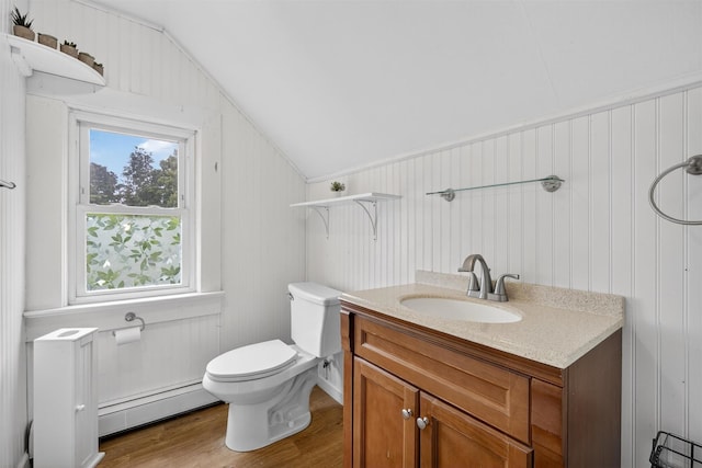 155 Tuckers Corners Rd, Plattekill, NY 12528 - half bath featuring baseboard heating, lofted ceiling, wood finished floors, and vanity