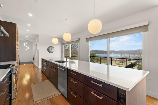 kitchen with dark brown cabinetry, light wood-type flooring, recessed lighting, stainless steel appliances, and a sink