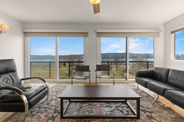 living area with wood finished floors, a mountain view, and a ceiling fan