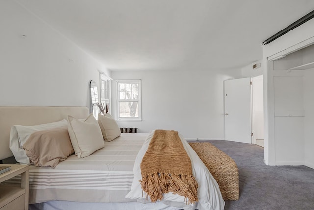 bedroom featuring radiator heating unit and carpet
