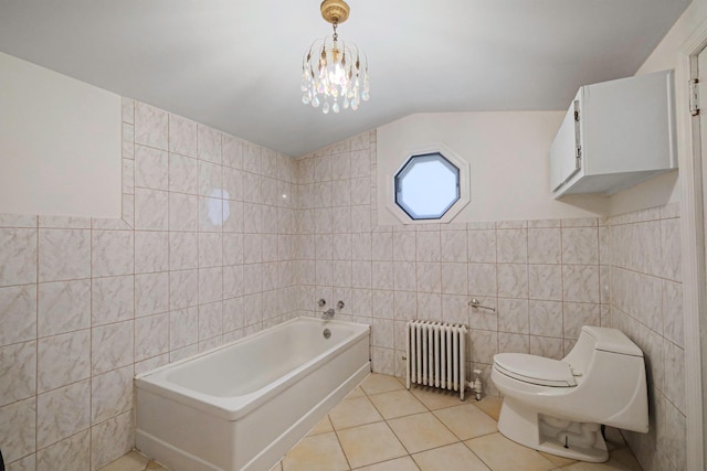 full bath with a bath, radiator heating unit, toilet, lofted ceiling, and tile walls