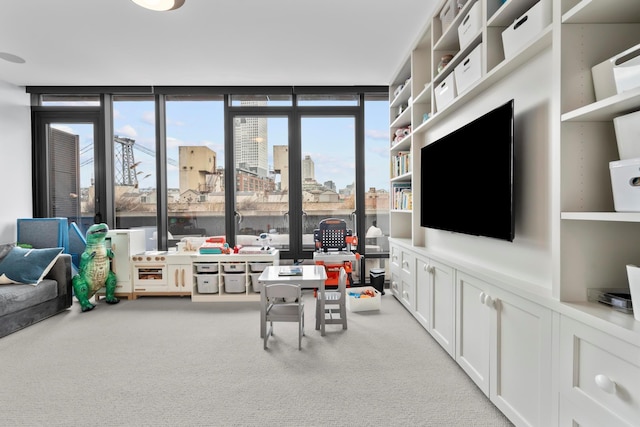 living area featuring a wall of windows and carpet