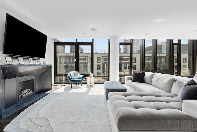 living area with wood finished floors, a fireplace, and expansive windows