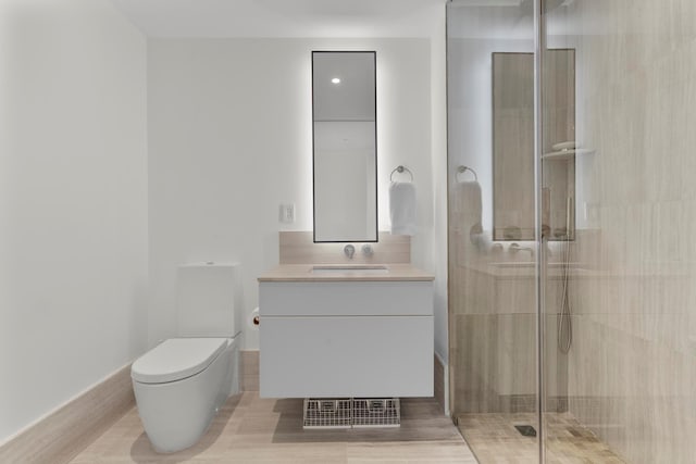 full bath featuring visible vents, toilet, a stall shower, and vanity