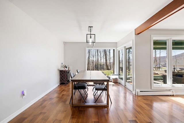 dining area with baseboards, plenty of natural light, hardwood / wood-style flooring, and baseboard heating