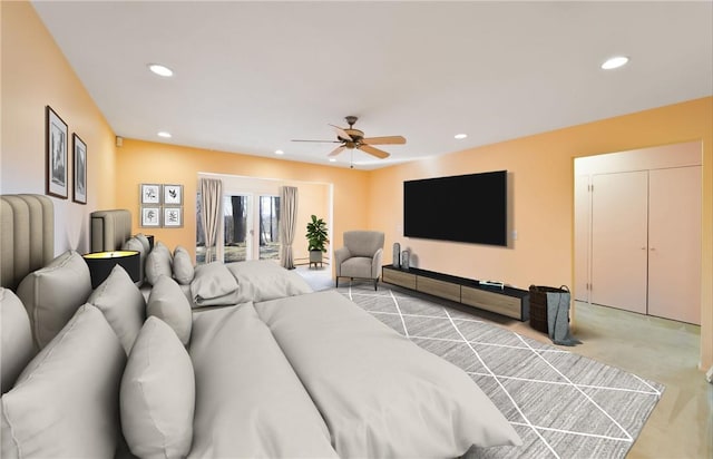 bedroom featuring access to exterior, light colored carpet, a ceiling fan, and recessed lighting