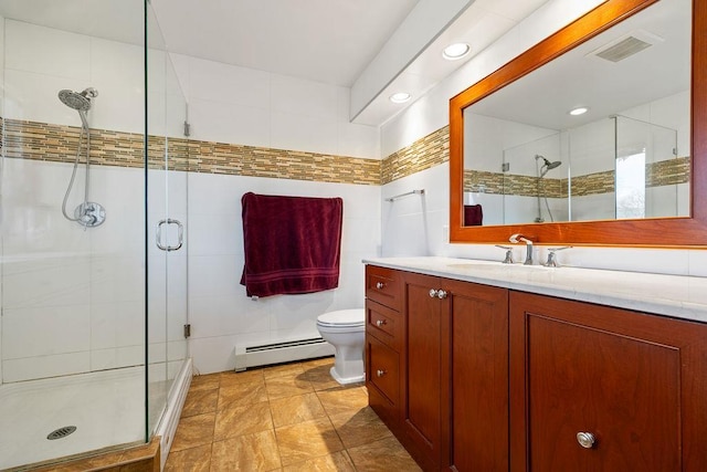 full bath with visible vents, a shower stall, and baseboard heating