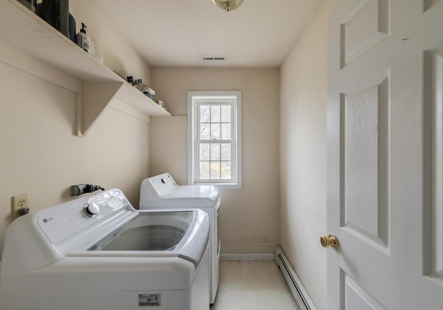 clothes washing area featuring washer and dryer, laundry area, baseboards, a baseboard radiator, and visible vents