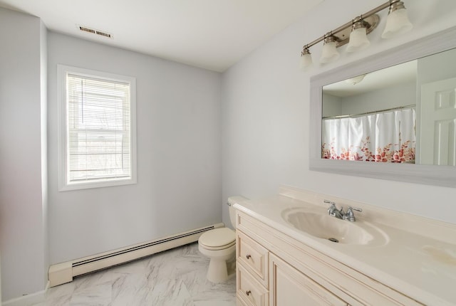 full bath with vanity, toilet, marble finish floor, a baseboard radiator, and visible vents