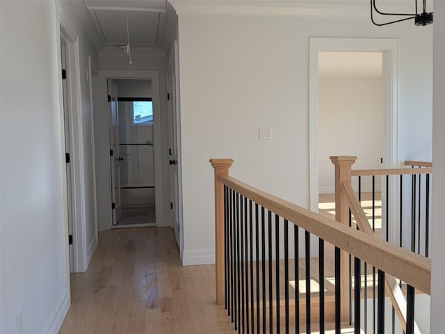 1135 Logan Rd, Wantagh, NY 11793 - hall with attic access, an upstairs landing, light wood finished floors, baseboards, and ornamental molding