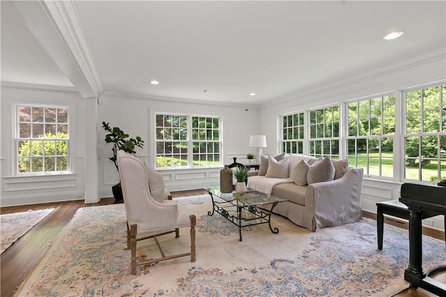 70 Haights Cross Rd, Chappaqua, NY 10514 - living room featuring crown molding, plenty of natural light, wood finished floors, and recessed lighting