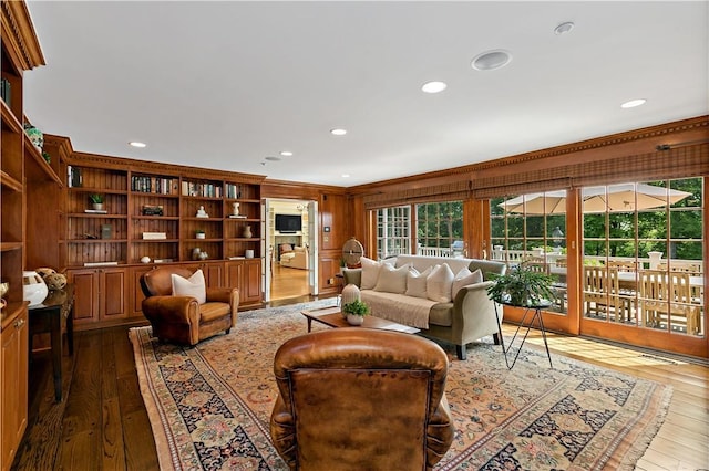 70 Haights Cross Rd, Chappaqua, NY 10514 - living area featuring dark wood-style floors, recessed lighting, and crown molding