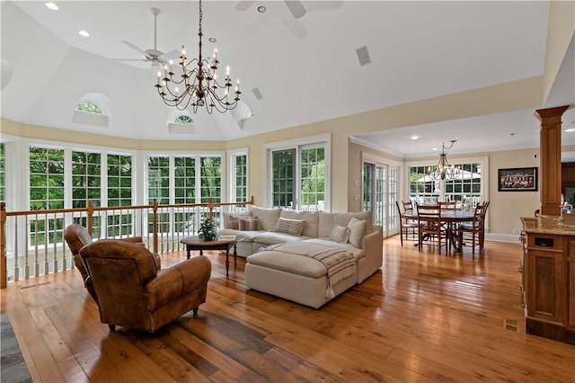 70 Haights Cross Rd, Chappaqua, NY 10514 - living area featuring a ceiling fan, a chandelier, light wood-type flooring, recessed lighting, and high vaulted ceiling