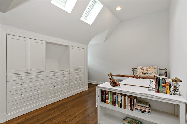 70 Haights Cross Rd, Chappaqua, NY 10514 - bedroom with a skylight, lofted ceiling, dark wood-type flooring, recessed lighting, and baseboards