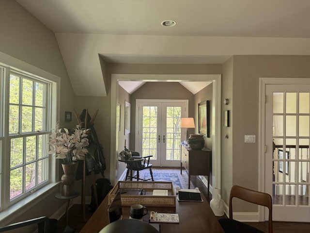 70 Haights Cross Rd, Chappaqua, NY 10514 - living room featuring french doors, vaulted ceiling, plenty of natural light, baseboards, and recessed lighting