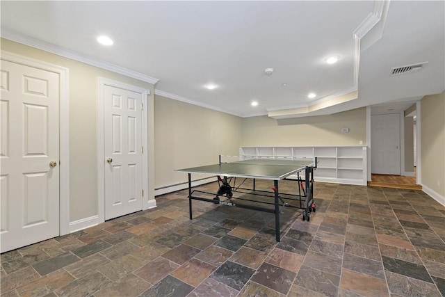 70 Haights Cross Rd, Chappaqua, NY 10514 - recreation room featuring baseboards, crown molding, recessed lighting, a baseboard radiator, and stone tile floors