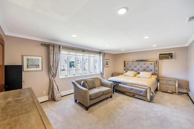 34 Duke Dr, Manhasset Hills, NY 11040 - bedroom featuring recessed lighting, a wall mounted AC, light colored carpet, and ornamental molding