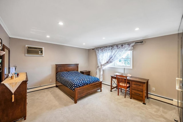 34 Duke Dr, Manhasset Hills, NY 11040 - carpeted bedroom featuring a wall mounted air conditioner, baseboard heating, and ornamental molding