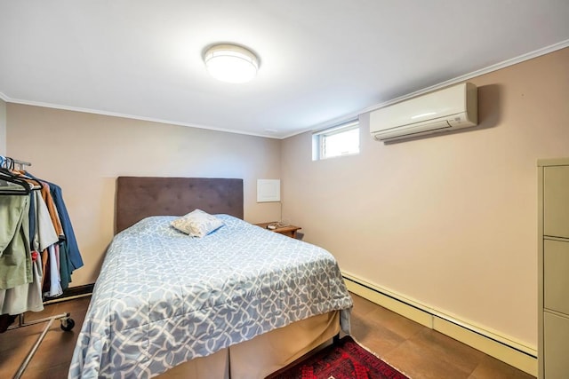 34 Duke Dr, Manhasset Hills, NY 11040 - bedroom featuring baseboard heating, a wall mounted AC, and crown molding