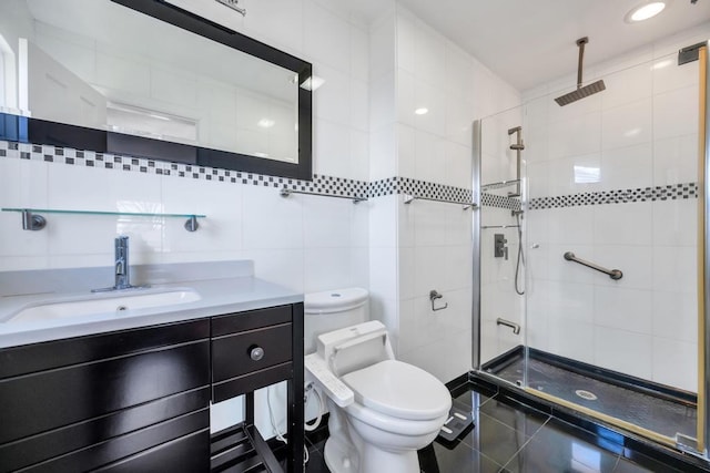 34 Duke Dr, Manhasset Hills, NY 11040 - full bathroom featuring tile walls, vanity, a shower stall, and toilet