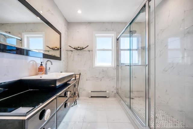 34 Duke Dr, Manhasset Hills, NY 11040 - bathroom with a baseboard heating unit, vanity, marble finish floor, and a stall shower