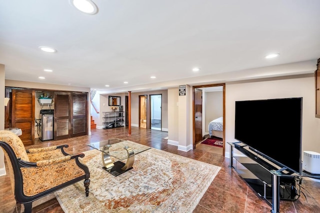 34 Duke Dr, Manhasset Hills, NY 11040 - tiled living room featuring baseboards, recessed lighting, and stairway