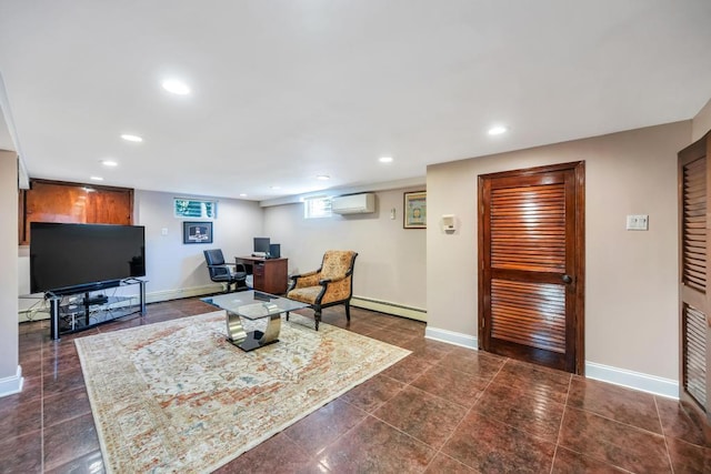 34 Duke Dr, Manhasset Hills, NY 11040 - living area with a baseboard heating unit, a wall mounted air conditioner, baseboards, and recessed lighting