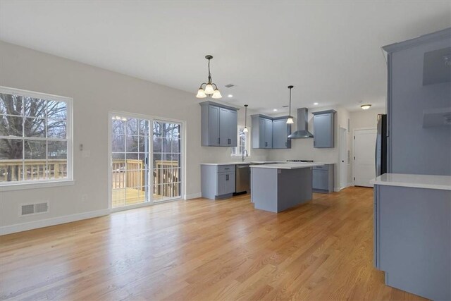 LOT2 Lakes Rd, Monroe, NY 10950 - kitchen featuring dishwasher, wall chimney exhaust hood, baseboards, a kitchen island, and visible vents