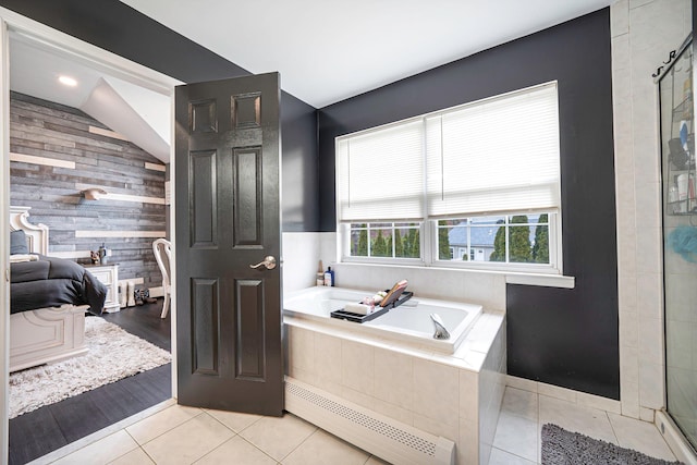 6 Premier Ct, Port Jefferson Station, NY 11776 - bathroom with a baseboard radiator, tiled shower, a relaxing tiled tub, and tile patterned flooring