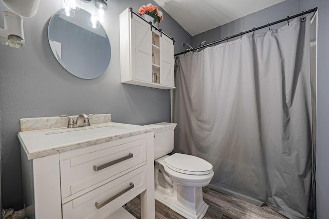 6 Premier Ct, Port Jefferson Station, NY 11776 - bathroom with toilet, a shower with curtain, vanity, and wood finished floors