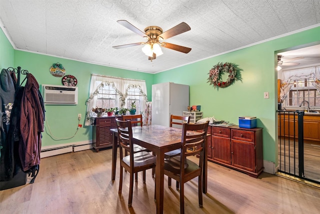 dining space featuring light wood-style floors, a wall mounted AC, ceiling fan, and plenty of natural light