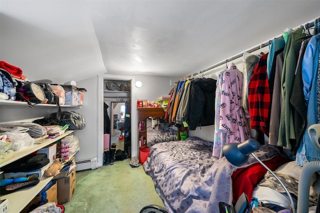 spacious closet featuring carpet flooring, vaulted ceiling, and baseboard heating