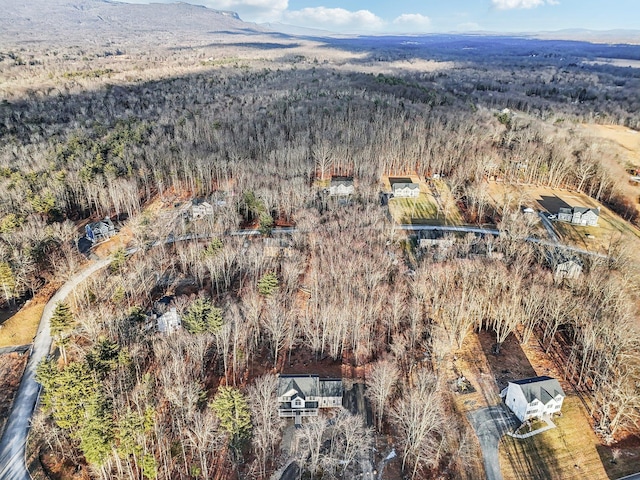 drone / aerial view featuring a mountain view and a view of trees