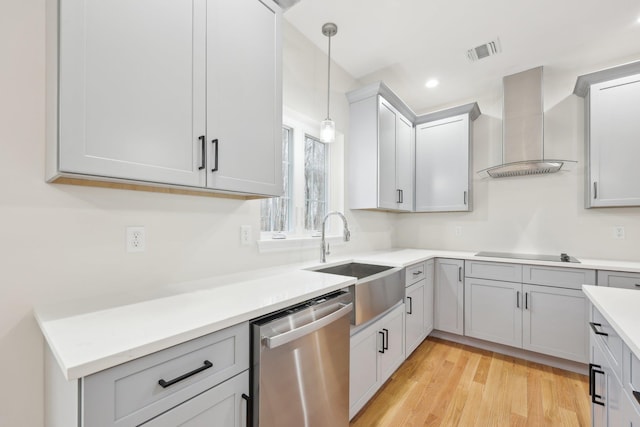 kitchen featuring black electric stovetop, a sink, visible vents, dishwasher, and wall chimney exhaust hood