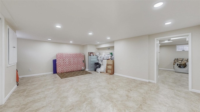 111-09 62nd Dr, Forest Hills, NY 11375 - finished below grade area with recessed lighting, baseboards, and washing machine and clothes dryer
