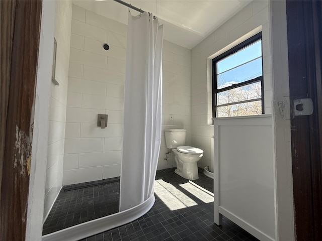 bathroom with a shower stall, tile patterned flooring, tile walls, and toilet