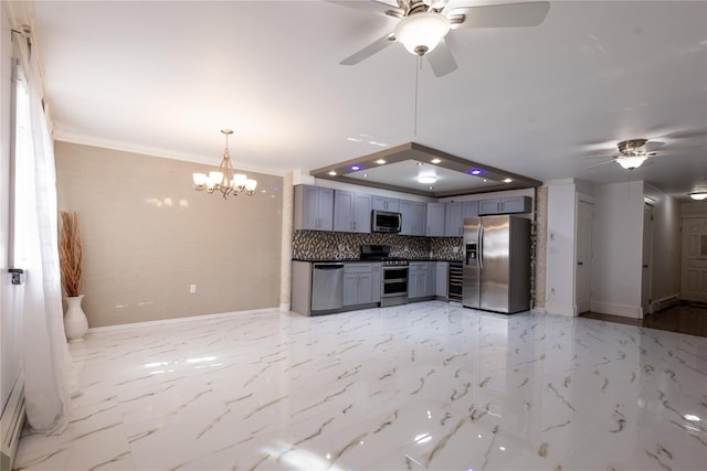 168 Vails Gate Heights Dr, New Windsor, NY 12553 - kitchen with dark countertops, baseboards, ceiling fan with notable chandelier, gray cabinetry, and appliances with stainless steel finishes