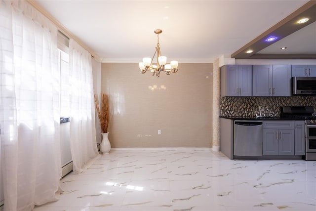 168 Vails Gate Heights Dr, New Windsor, NY 12553 - kitchen with a baseboard heating unit, stainless steel appliances, an inviting chandelier, backsplash, and ornamental molding