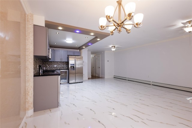 168 Vails Gate Heights Dr, New Windsor, NY 12553 - kitchen with beverage cooler, stainless steel fridge with ice dispenser, dark countertops, ornamental molding, and a sink