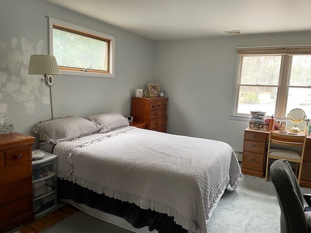 bedroom with visible vents, multiple windows, and baseboard heating