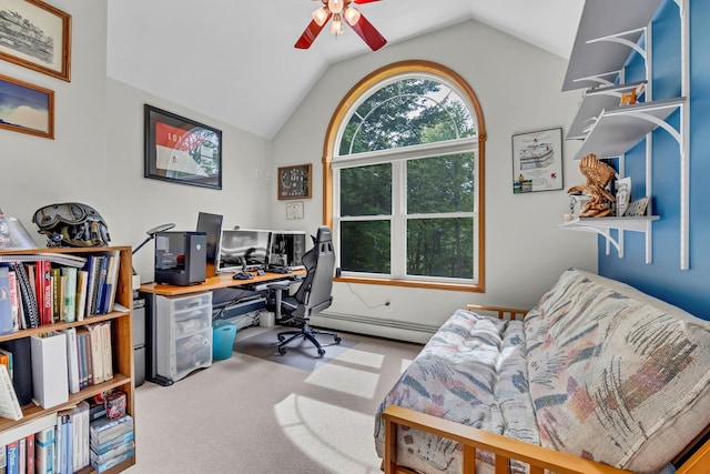 309 Quannacut Rd, Pine Bush, NY 12566 - home office with lofted ceiling, a ceiling fan, carpet flooring, and baseboard heating