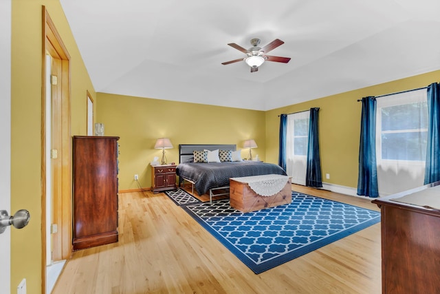309 Quannacut Rd, Pine Bush, NY 12566 - bedroom with light wood-type flooring, baseboards, lofted ceiling, and a ceiling fan