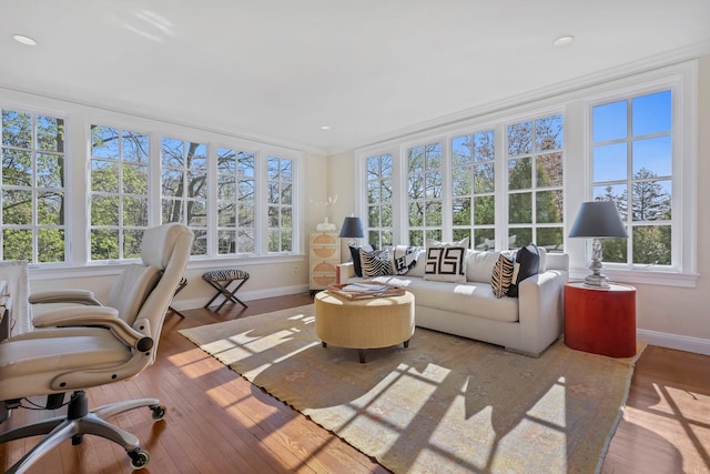 sunroom / solarium with baseboards, wood-type flooring, and french doors
