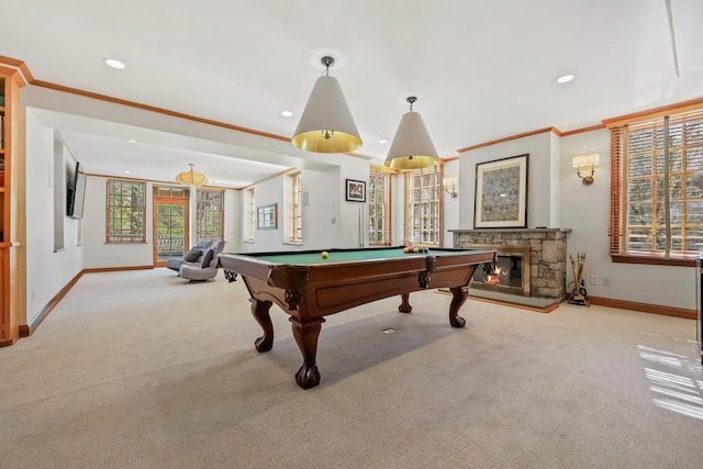 game room featuring billiards, crown molding, carpet floors, baseboards, and recessed lighting